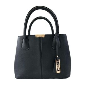 Satchel Handbag Black Faux Leather Gold Accent Detachable Crossbody Strap